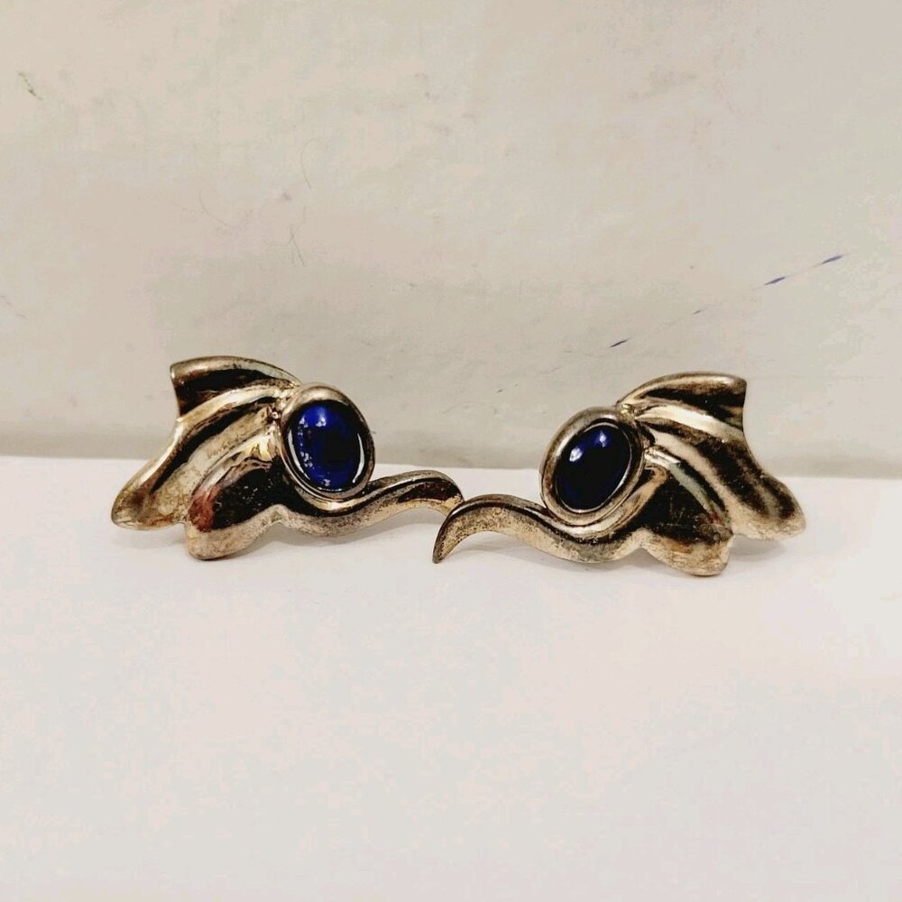 Vtg Marked Sterling Silver Blue Lapis Stud Pierced Earrings Set